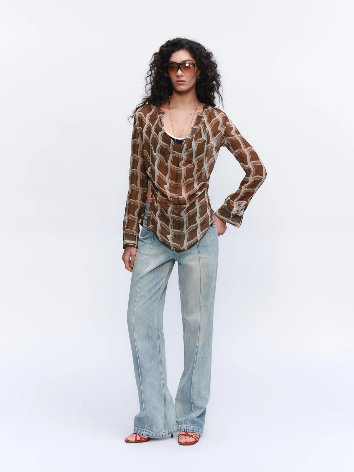 Sheer Checked Cowl-Neck Shirt - styling look