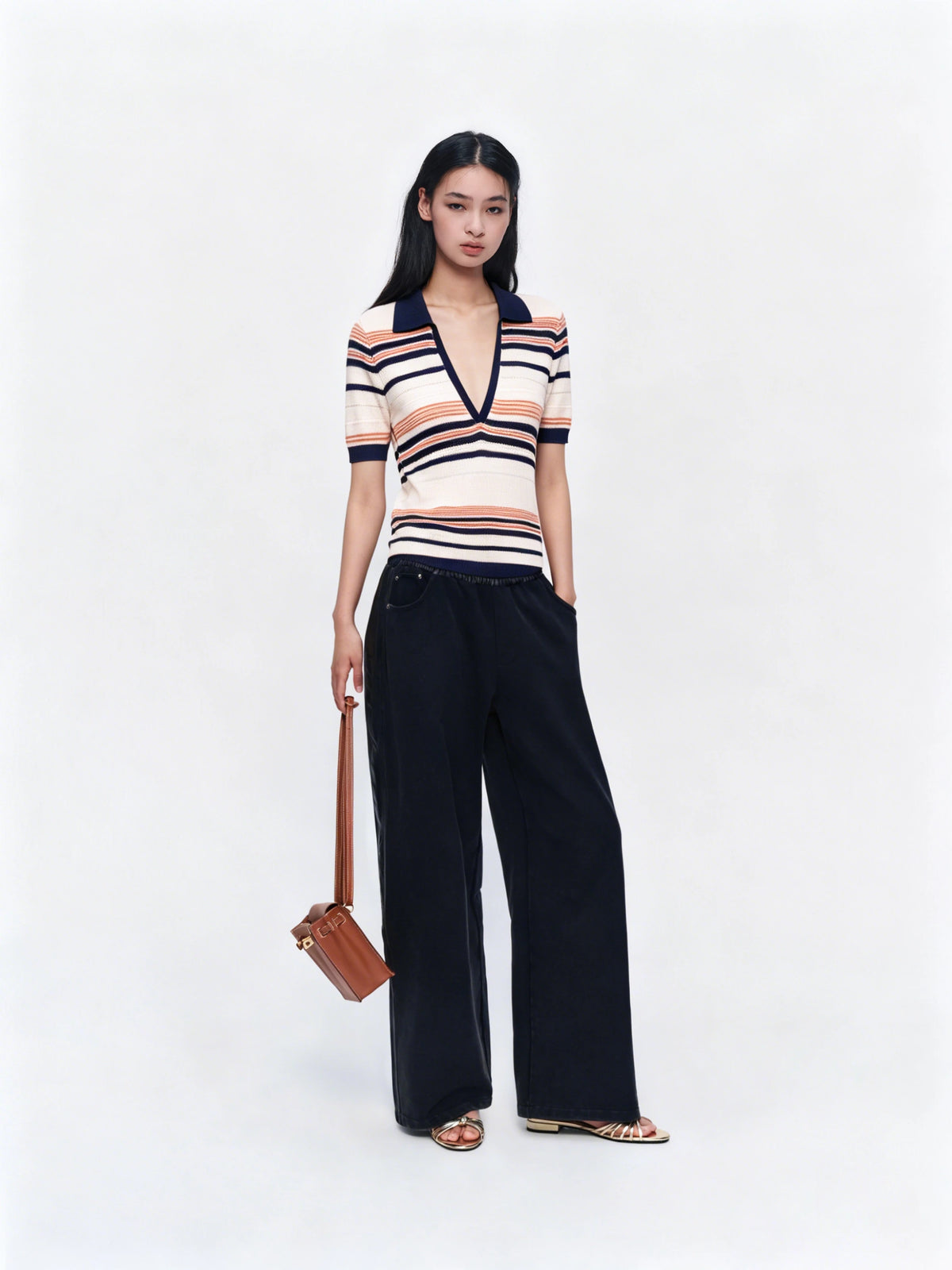 Striped Short-Sleeve Polo Top — full look