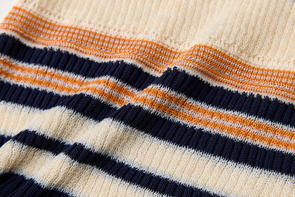Striped Short-Sleeve Polo Top — fabric or construction detail
