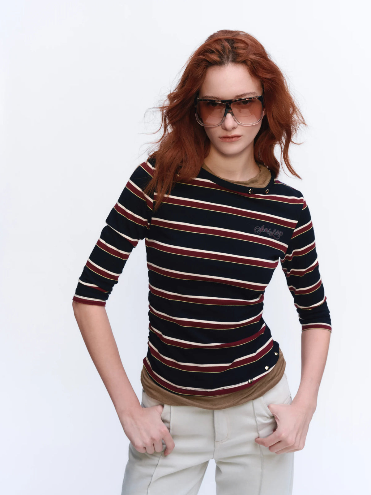 Embroidered Striped Knit Top - model photograph