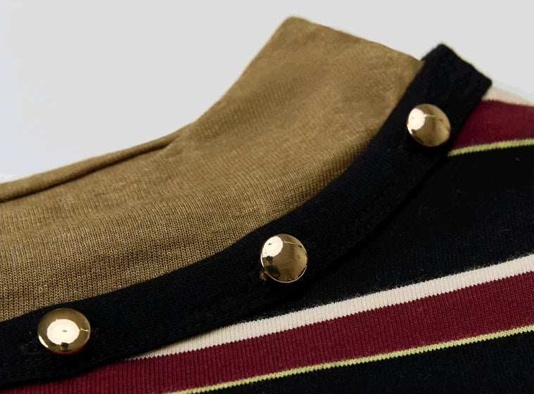 Embroidered Striped Knit Top - gold-tone button detail