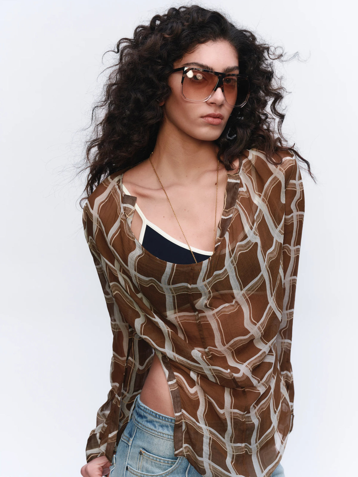 Sheer Checked Cowl-Neck Shirt - model photograph