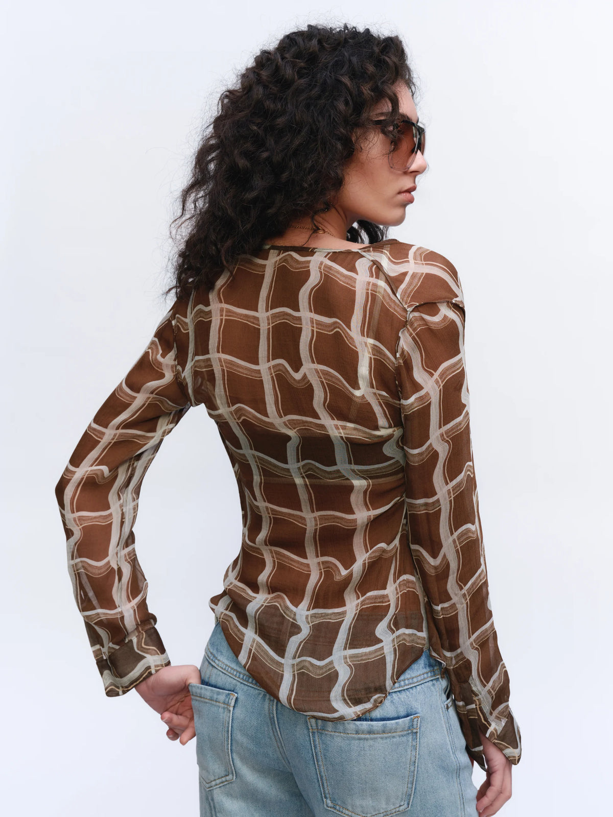 Sheer Checked Cowl-Neck Shirt - model photograph