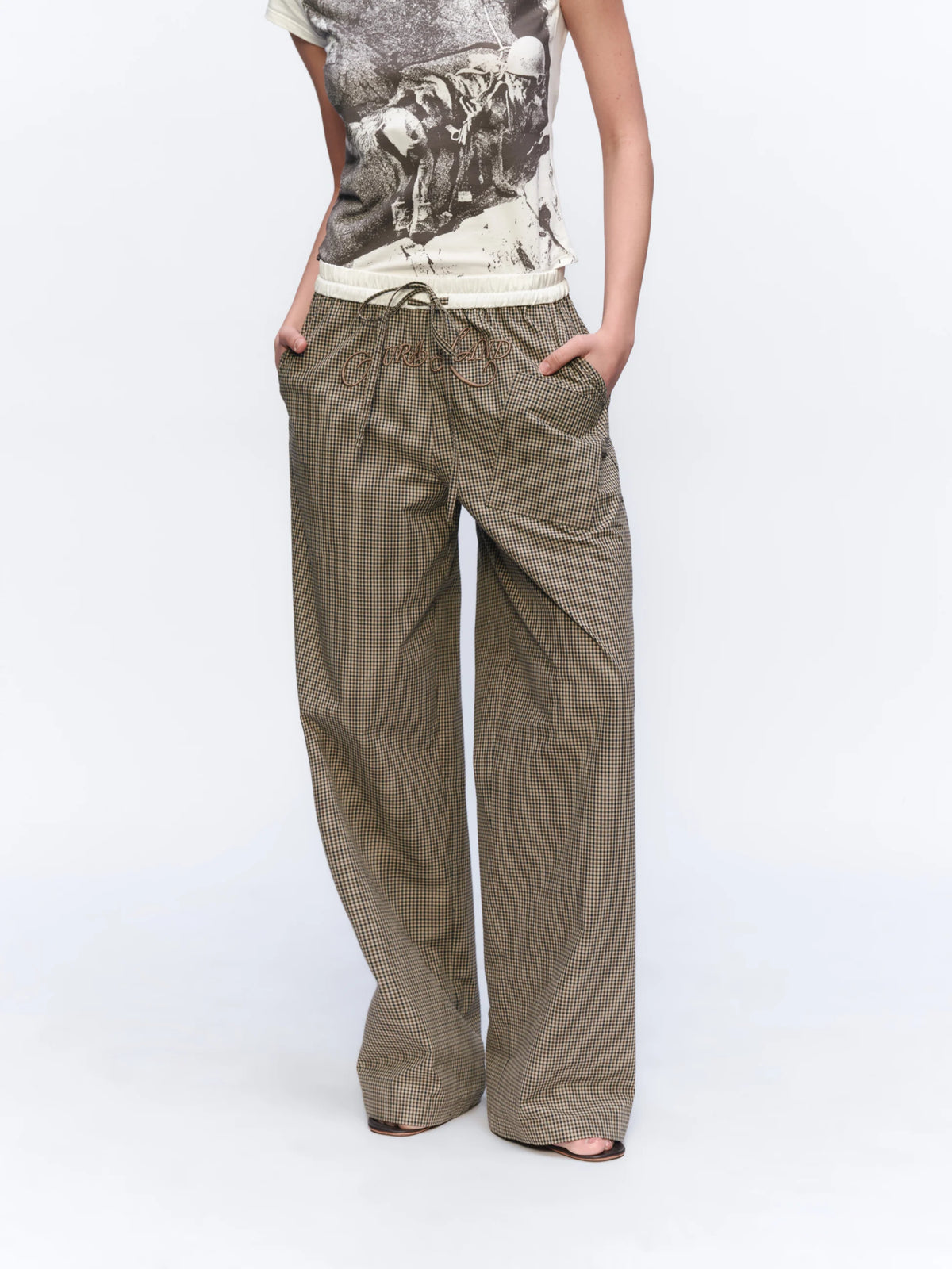 Embroidered Checked Wide-Leg Trousers - model photograph 1