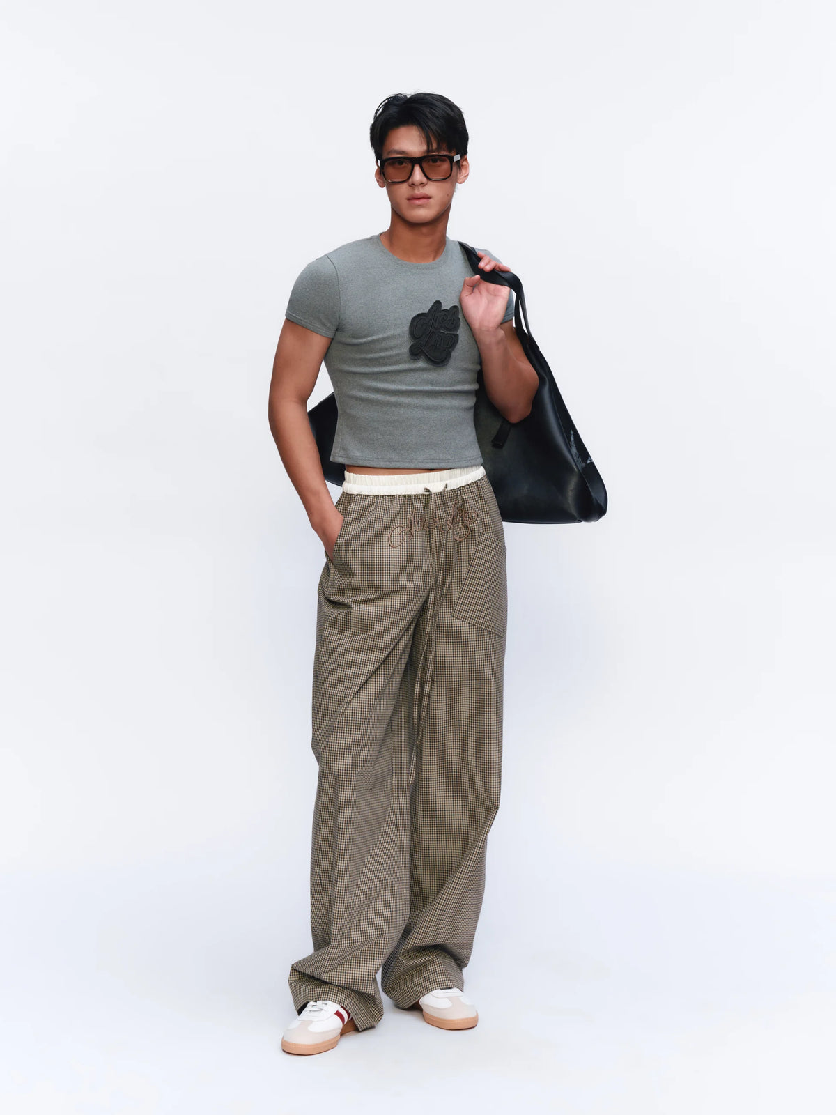 Embroidered Checked Wide-Leg Trousers - model photograph 4