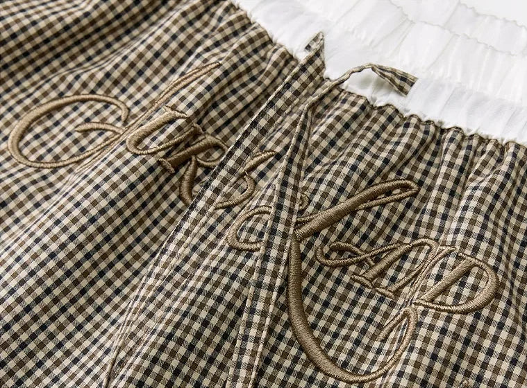 Embroidered Checked Wide-Leg Trousers - embroidery detail