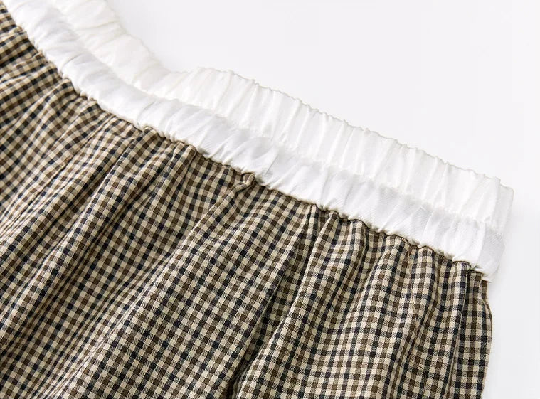 Embroidered Checked Wide-Leg Trousers - contrasting satin waistband