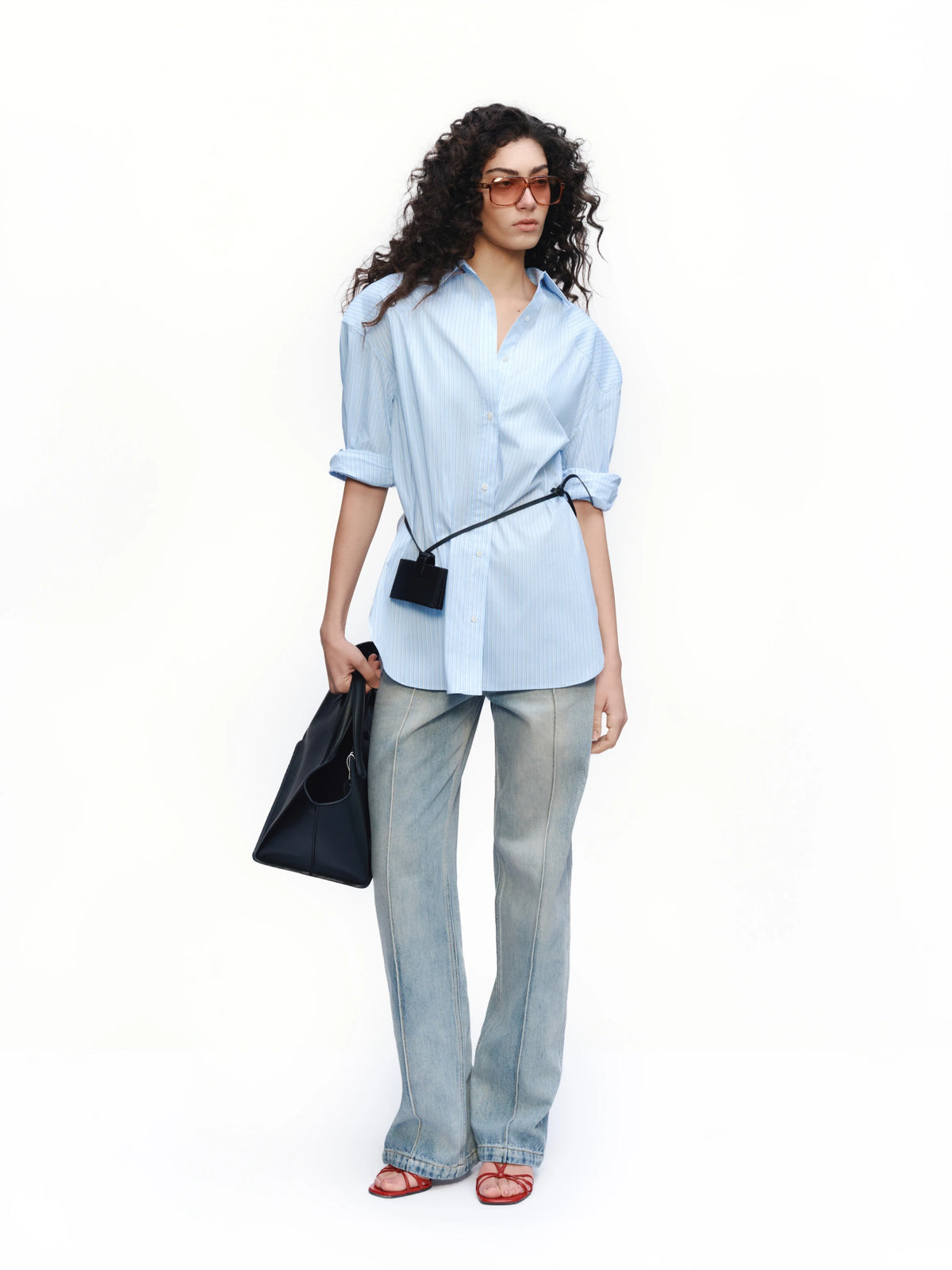 Embroidered Blue Stripe Shirt — full look
