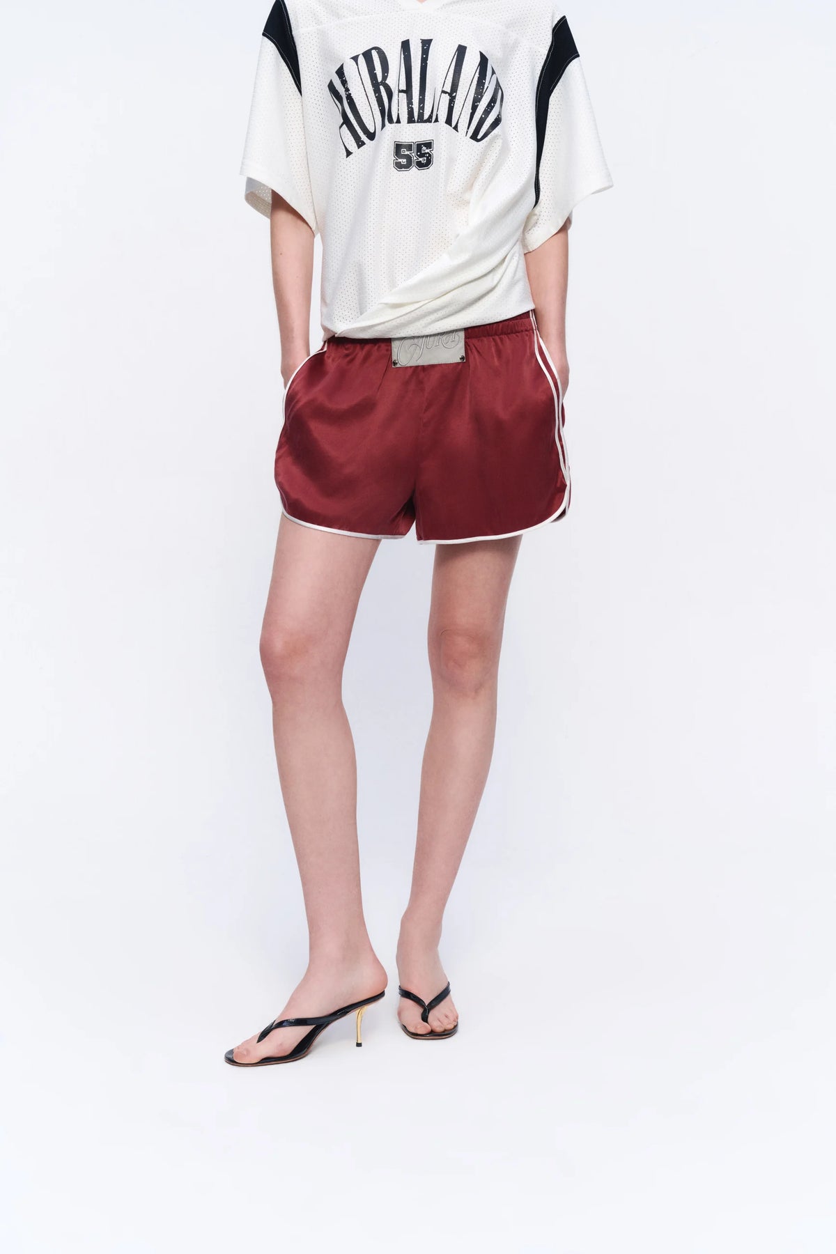 Embroidered Satin Sports Shorts - model photograph