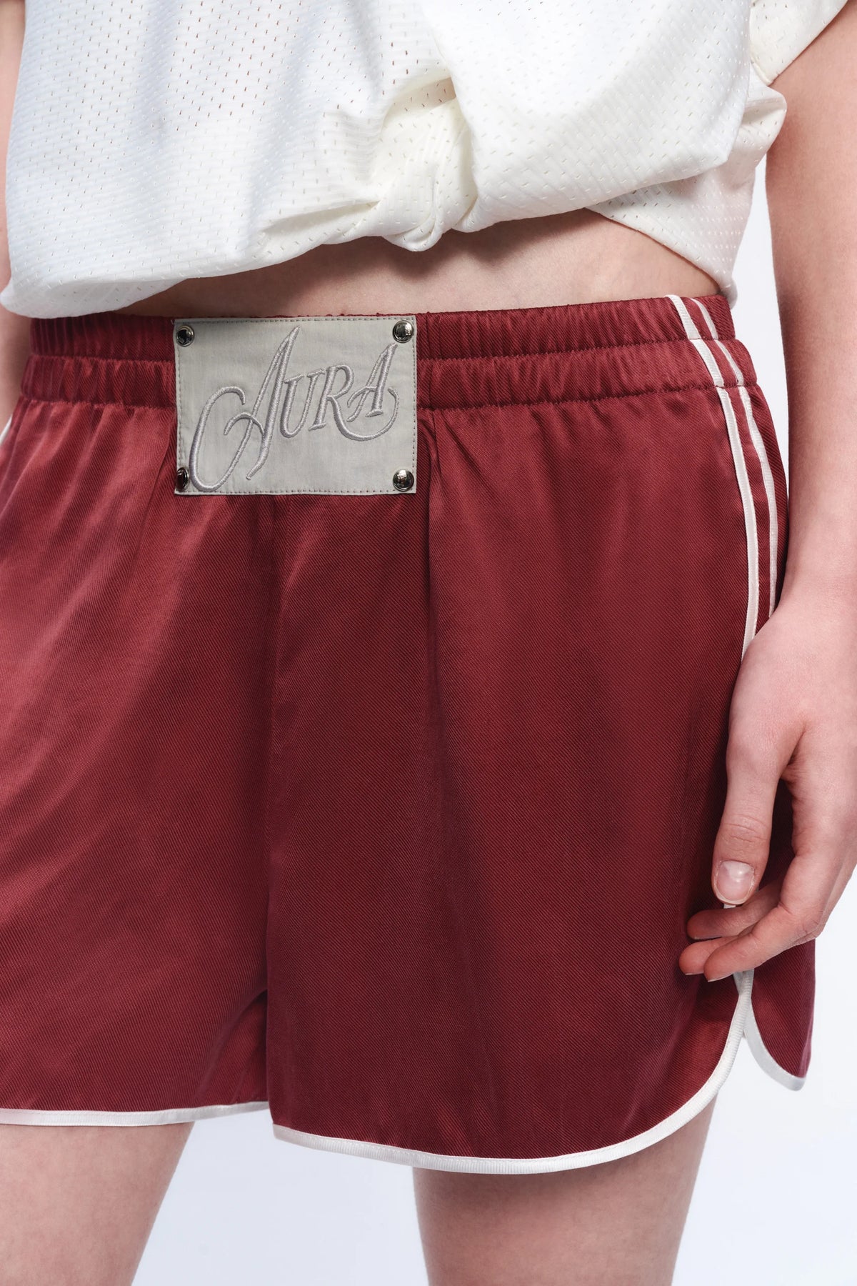 Embroidered Satin Sports Shorts - model photograph