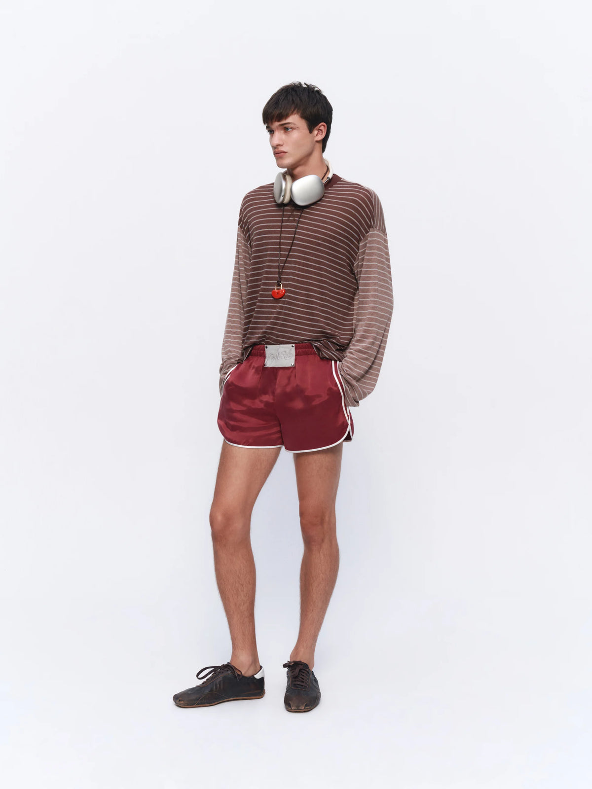 Embroidered Satin Sports Shorts - model photograph