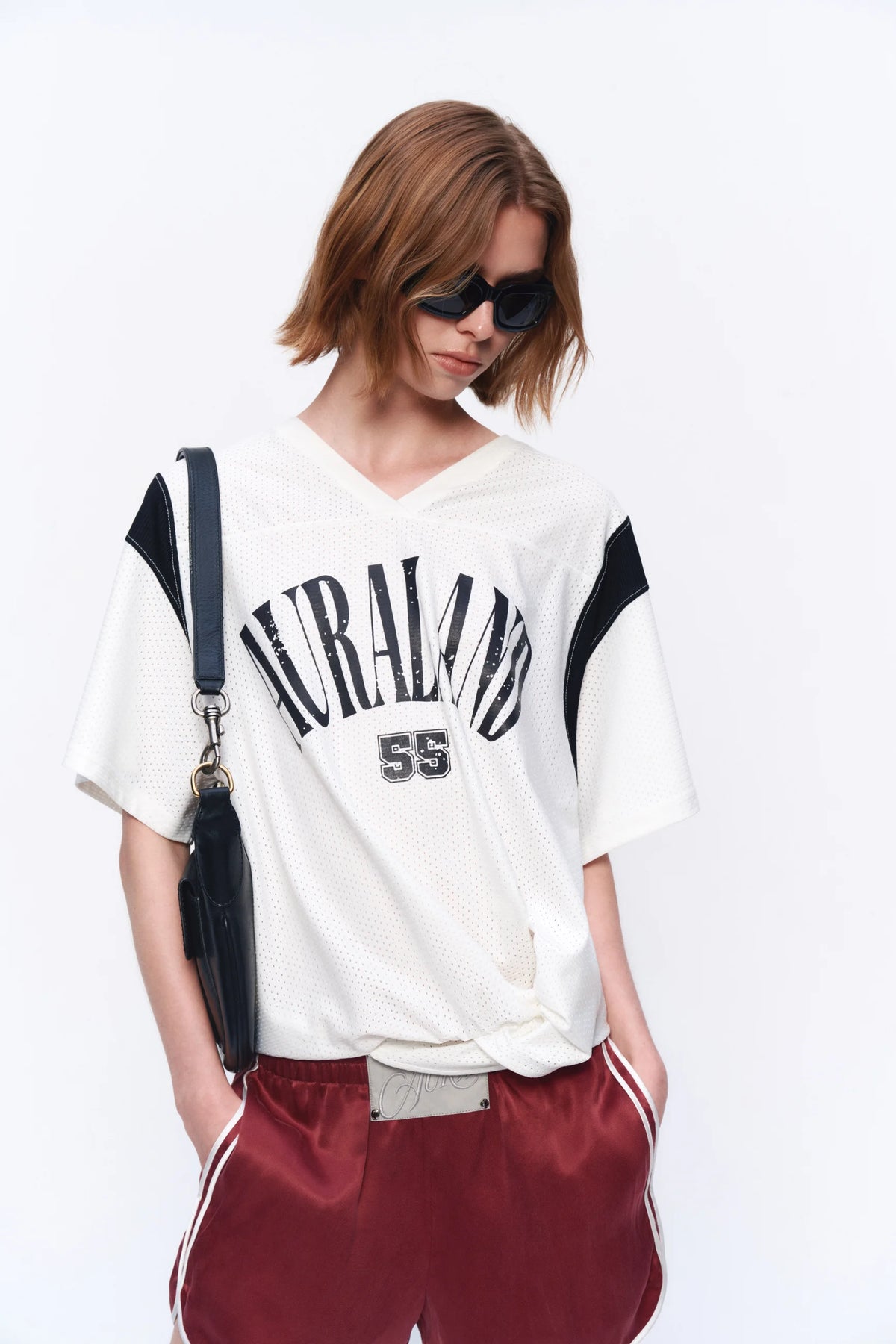 Printed Mesh V-Neck Jersey - model photograph