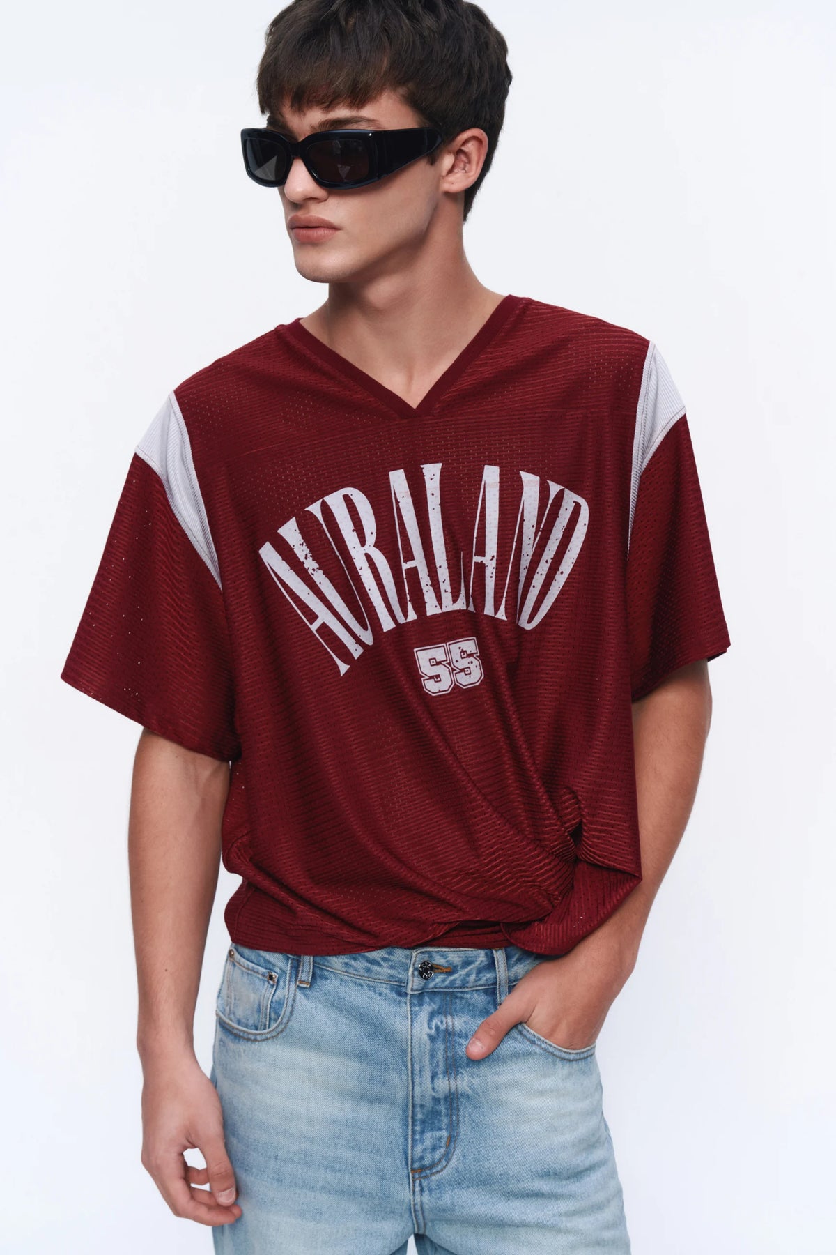 Printed Mesh V-Neck Jersey - model photograph