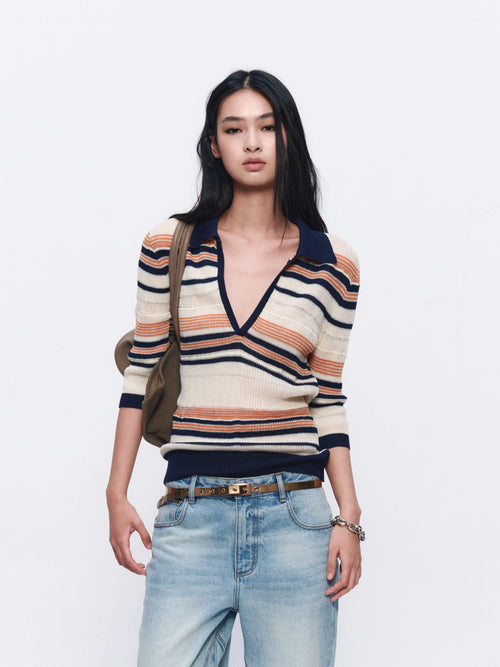 Contrast-Stripe V-Neck Polo Top — front