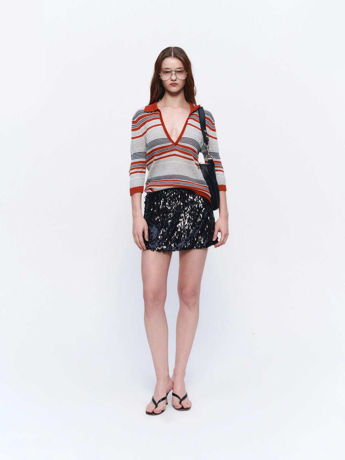 Contrast-Stripe V-Neck Polo Top — full look