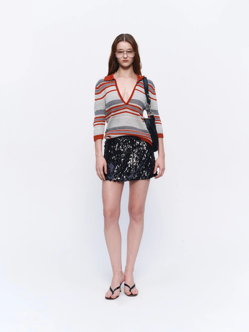 Contrast-Stripe V-Neck Polo Top — full look