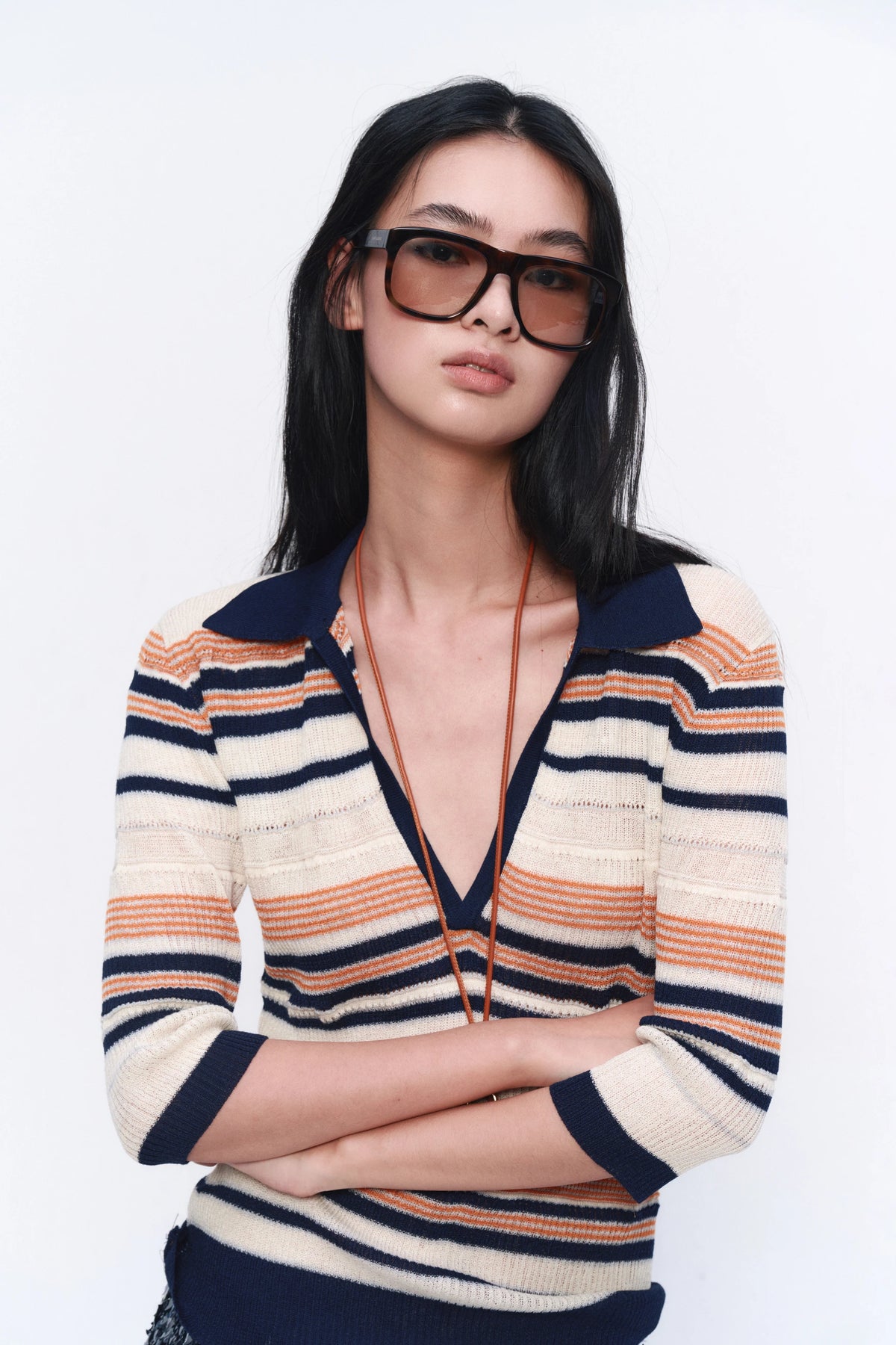 Contrast-Stripe V-Neck Polo Top — alternate front