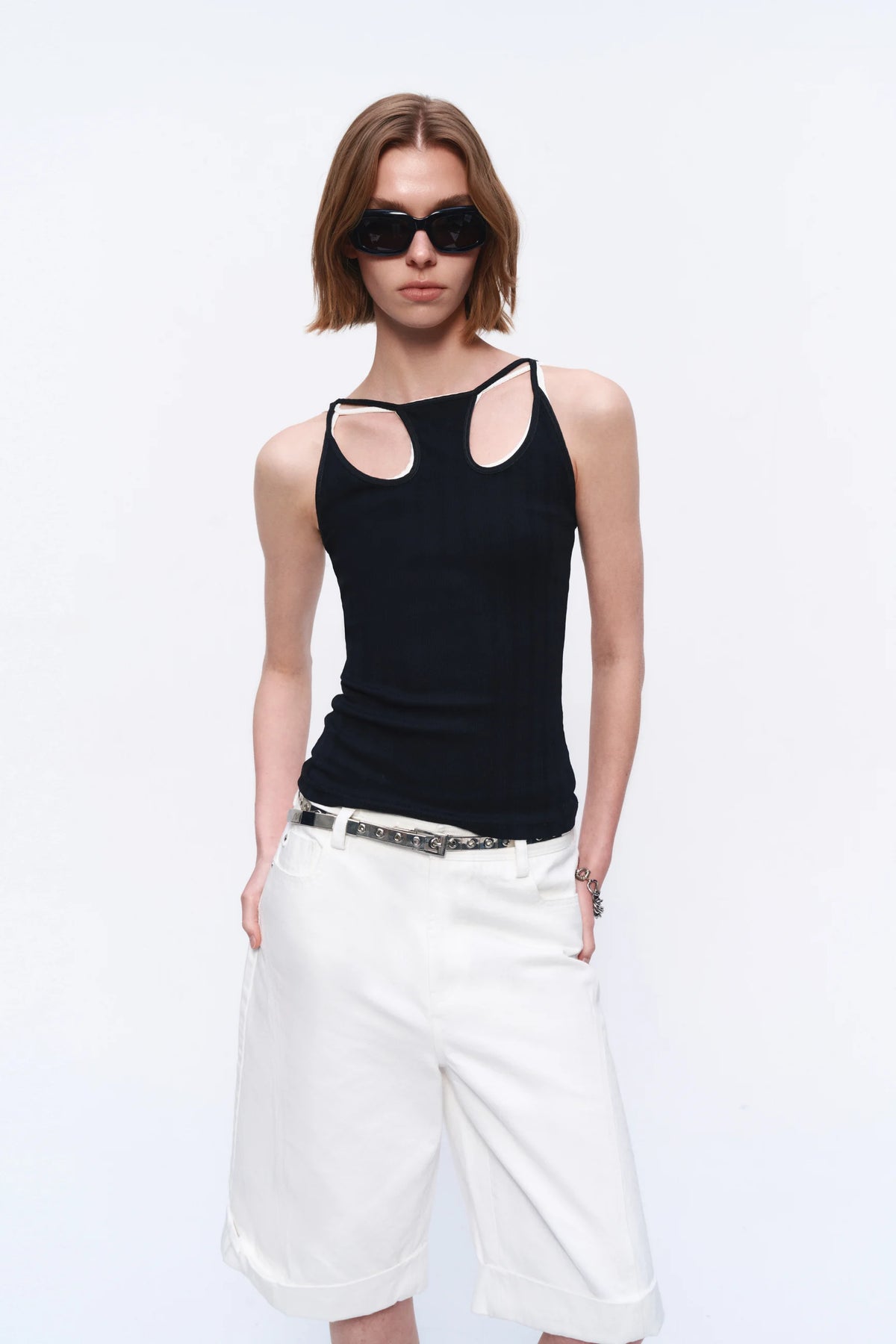 Cuffed Denim Bermuda Shorts — model photograph