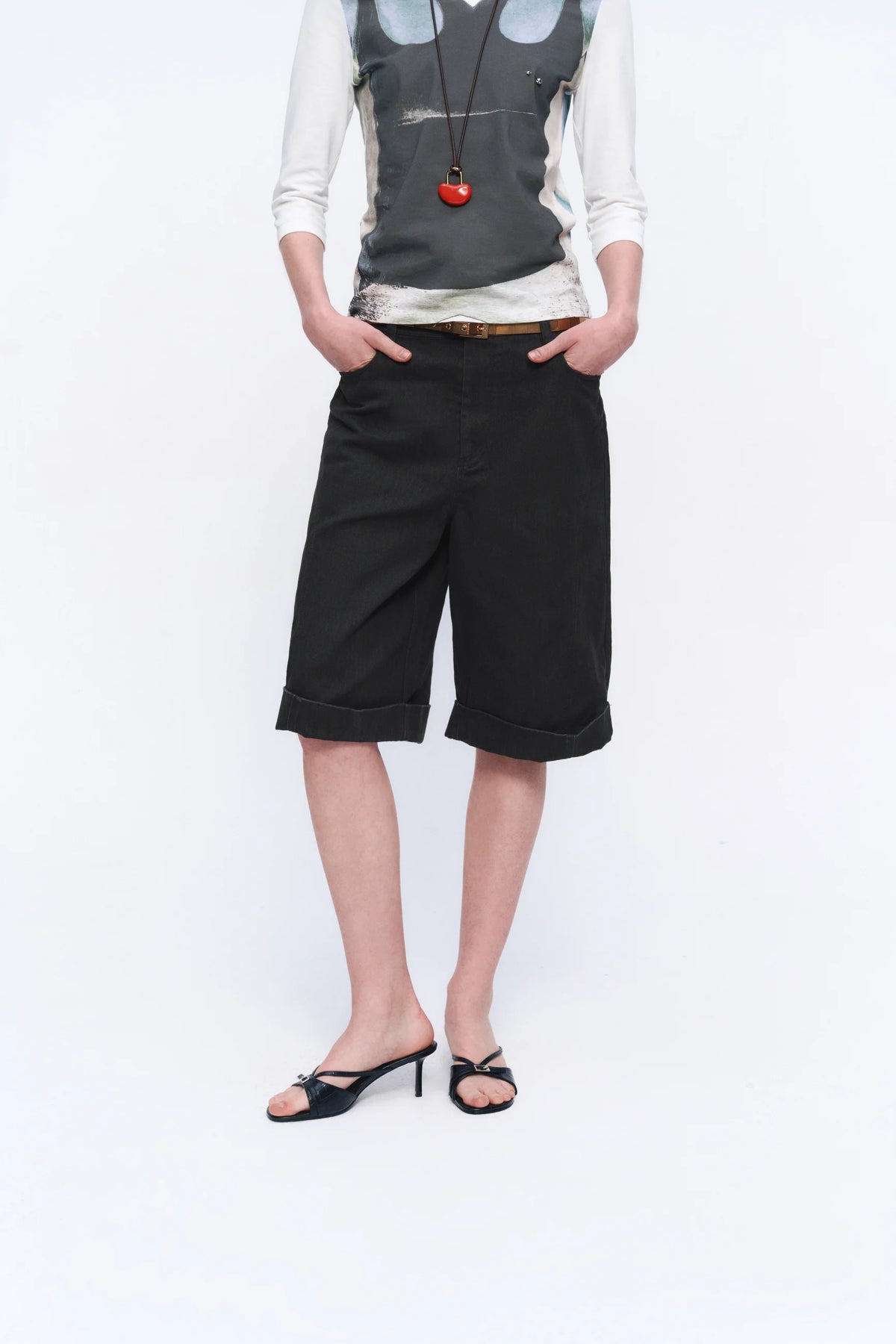 Cuffed Denim Bermuda Shorts — full look
