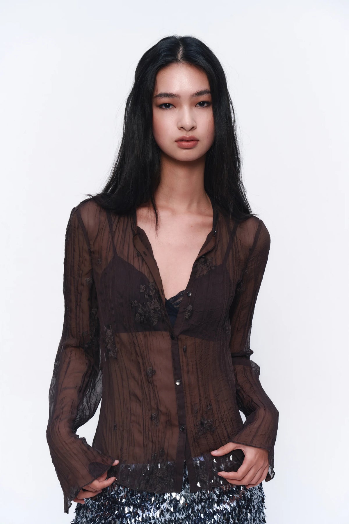 Sheer Jacquard Long-Sleeve Shirt - model photograph