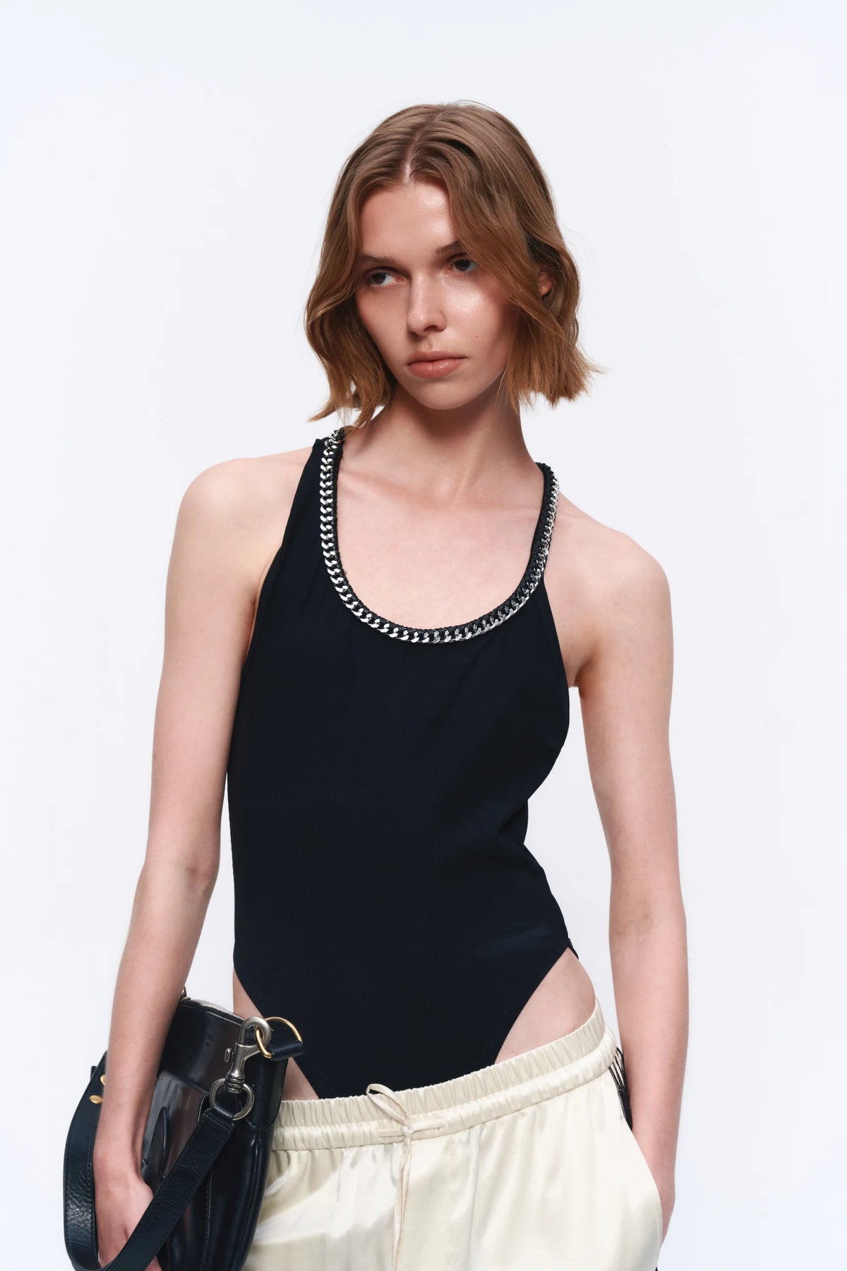Chain-Trim Halter Bodysuit - model photograph