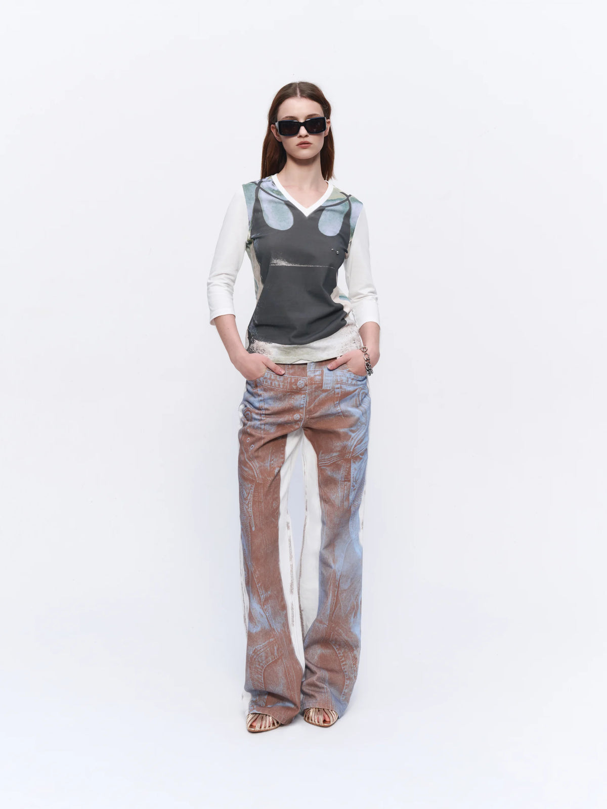 Layered Studded V-Neck T-Shirt - styling look