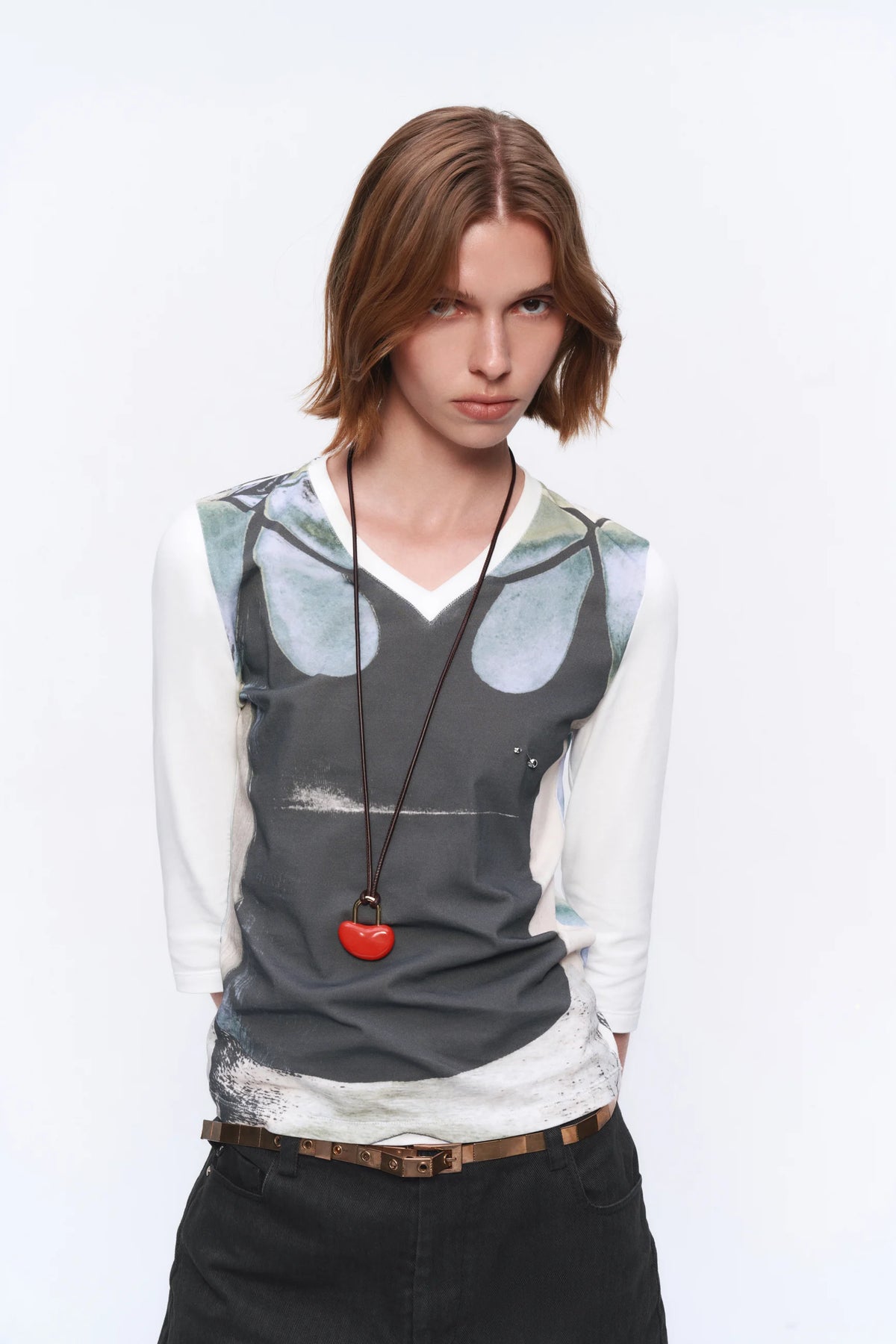 Layered Studded V-Neck T-Shirt - model photograph