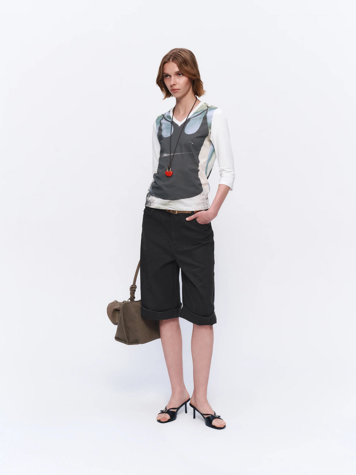 Layered Studded V-Neck T-Shirt - model photograph