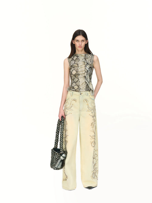 Snake-print ruched sleeveless top
