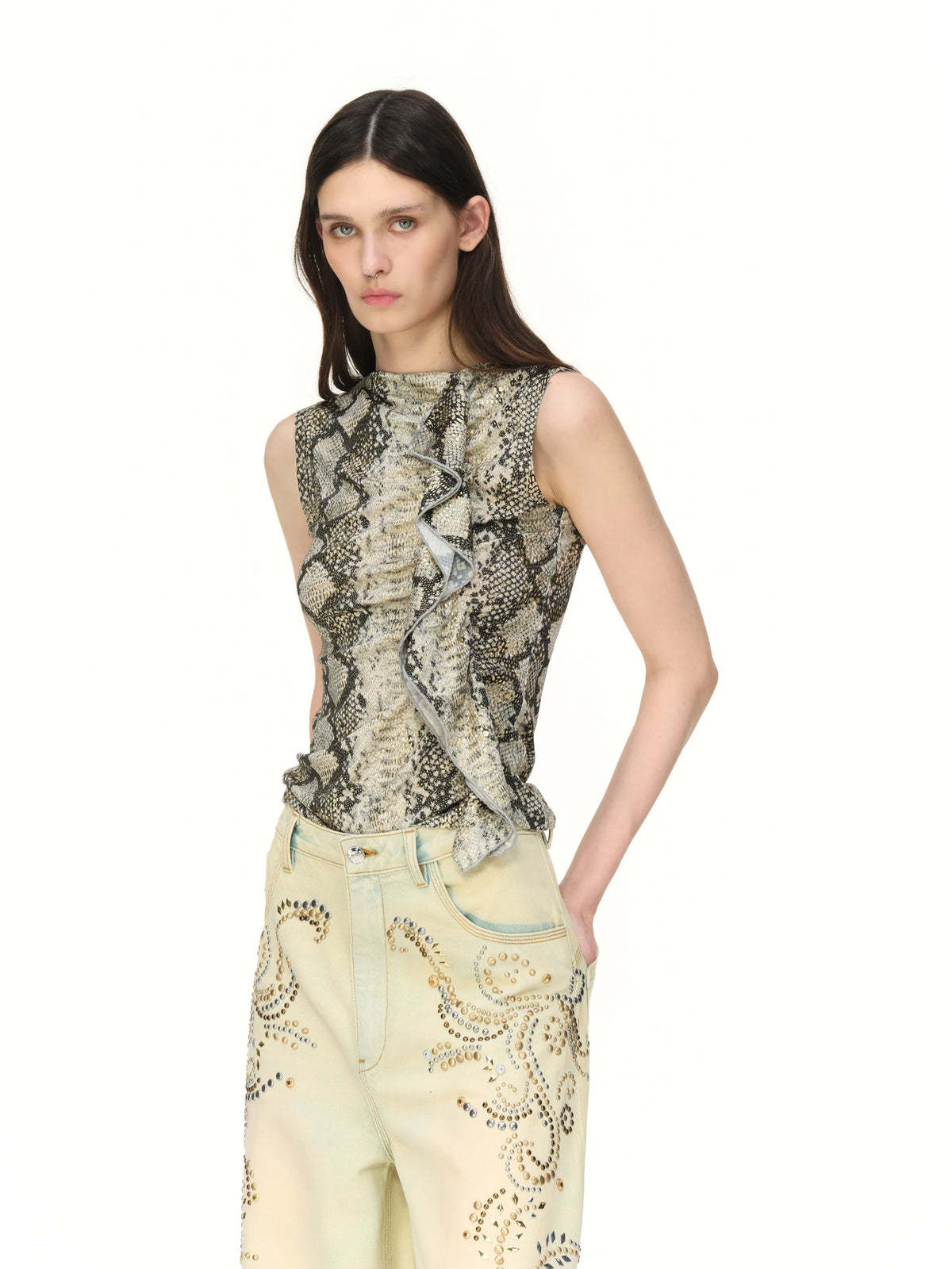 Snake-print ruched sleeveless top