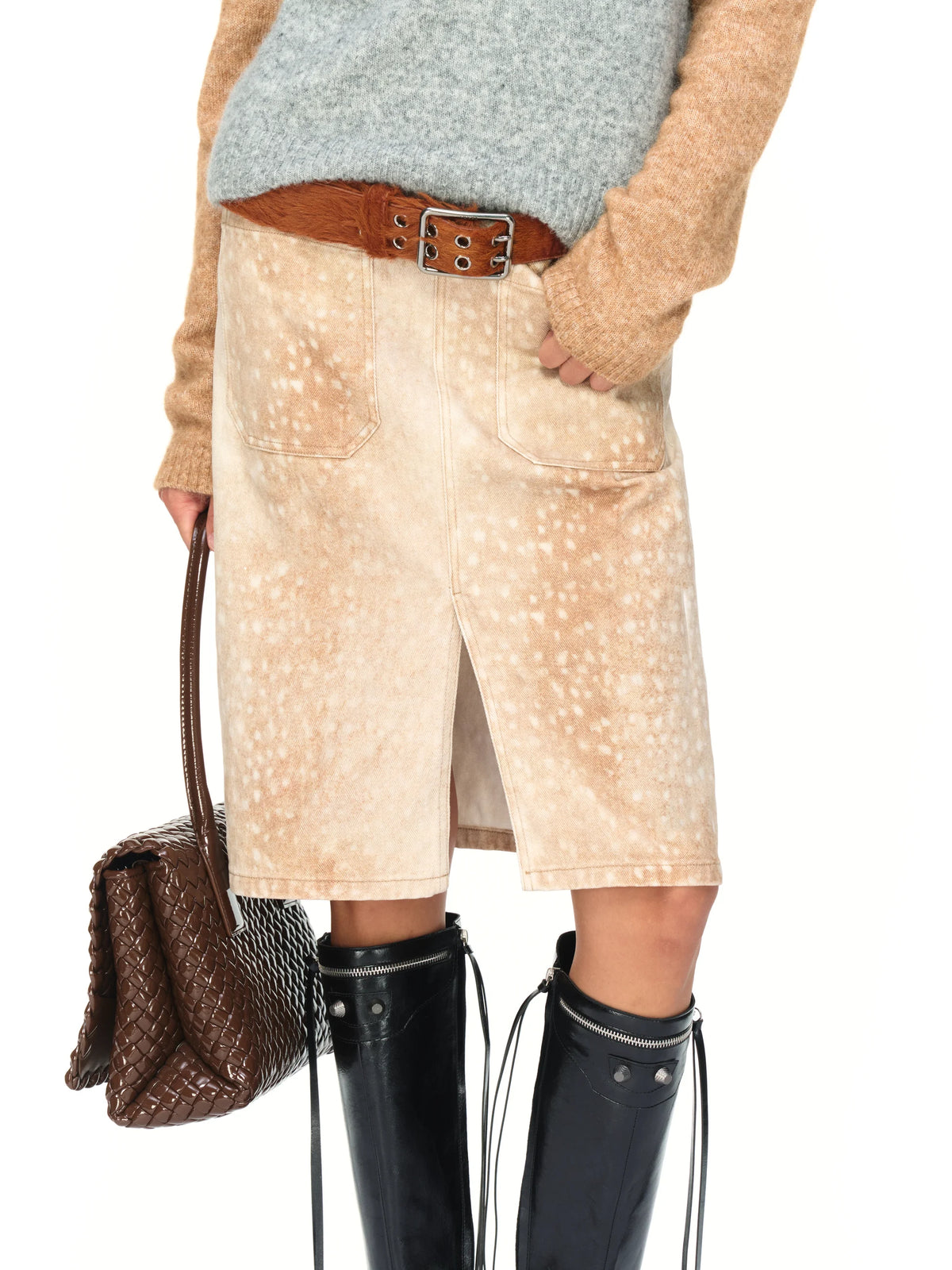 Spotted Denim Midi Skirt - model photograph
