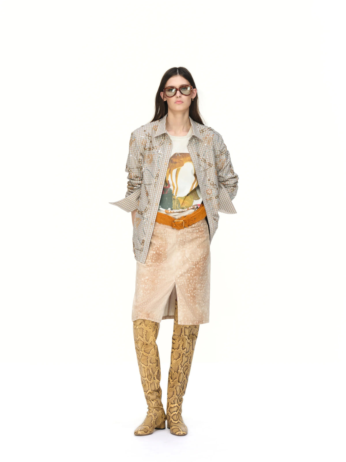 Spotted Denim Midi Skirt - model photograph