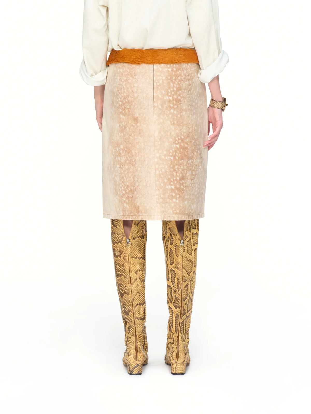 Spotted Denim Midi Skirt - model photograph