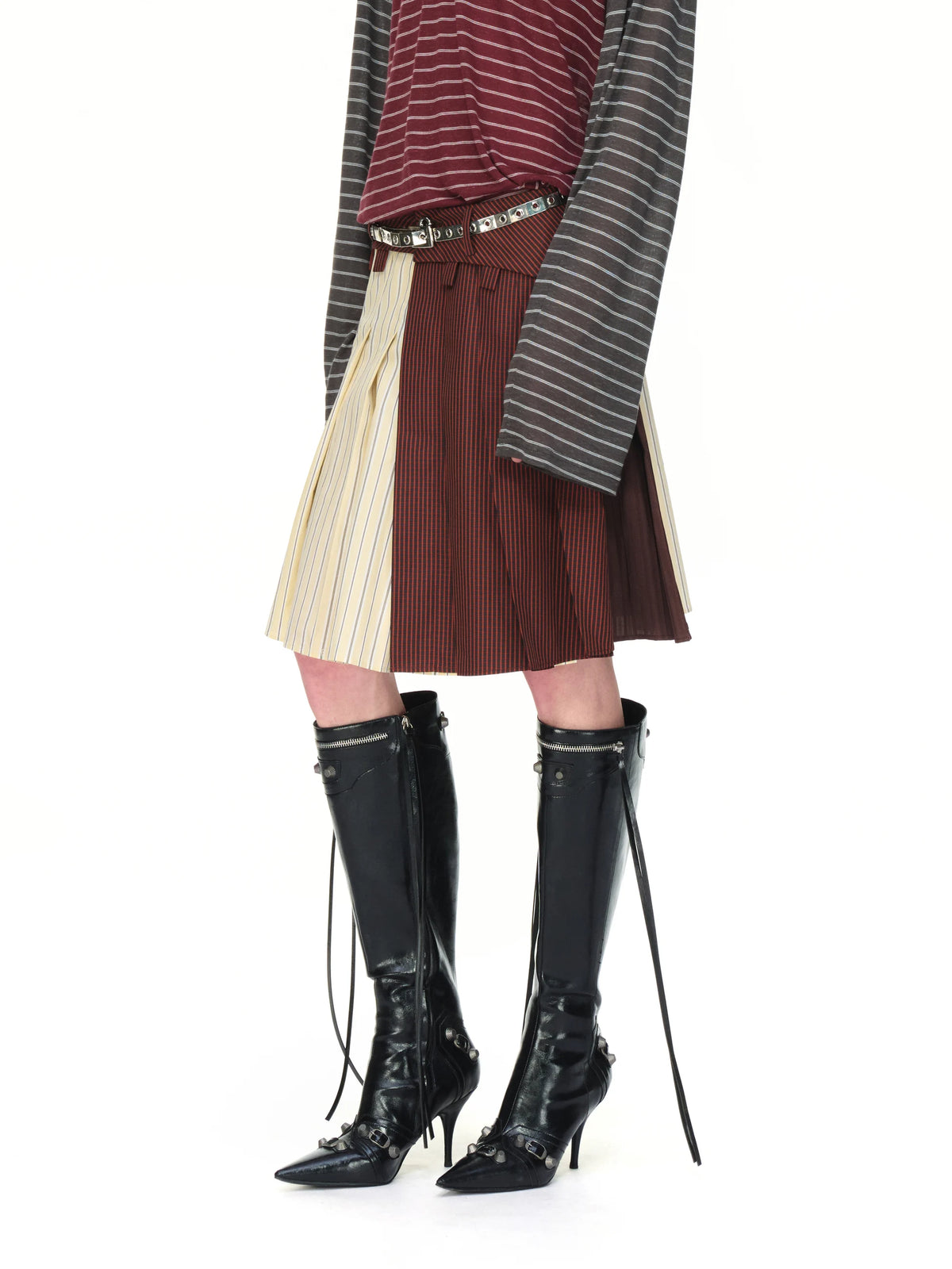 Mixed-Check Pleated Midi Skirt - model photograph