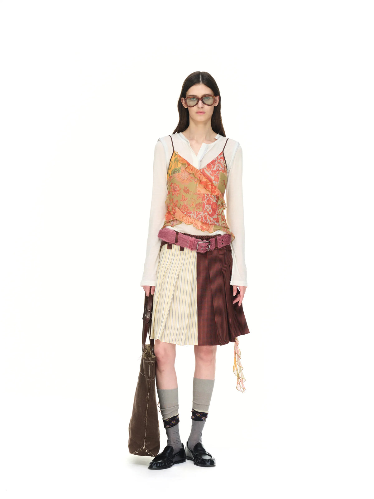Mixed-Check Pleated Midi Skirt - styling look