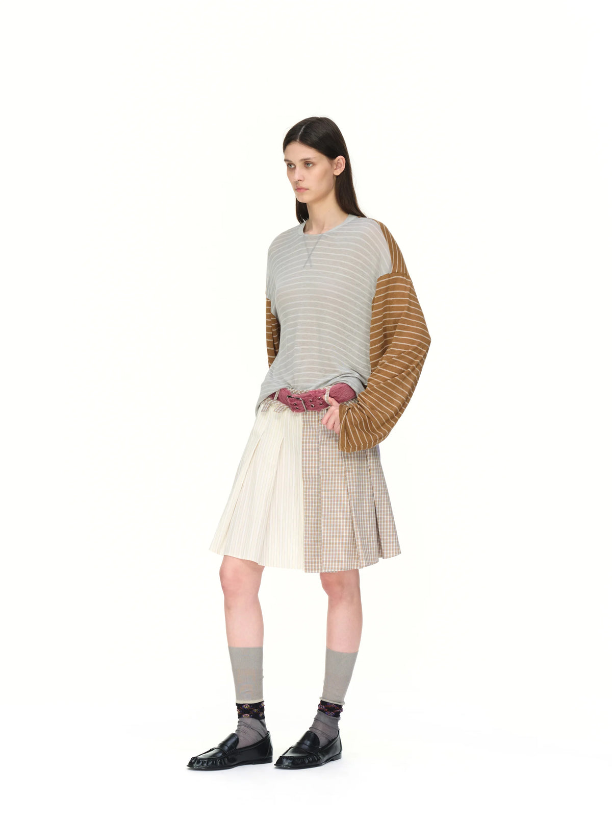 Mixed-Check Pleated Midi Skirt - model photograph