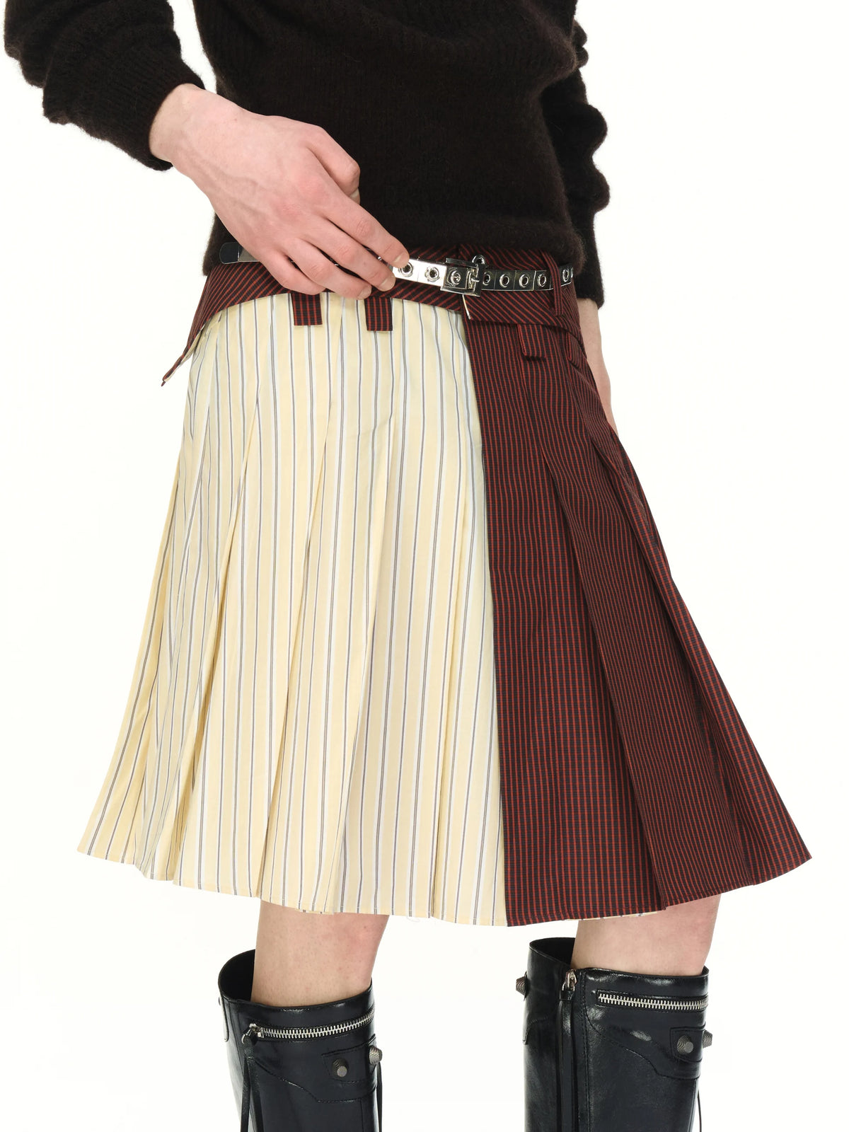 Mixed-Check Pleated Midi Skirt - model photograph