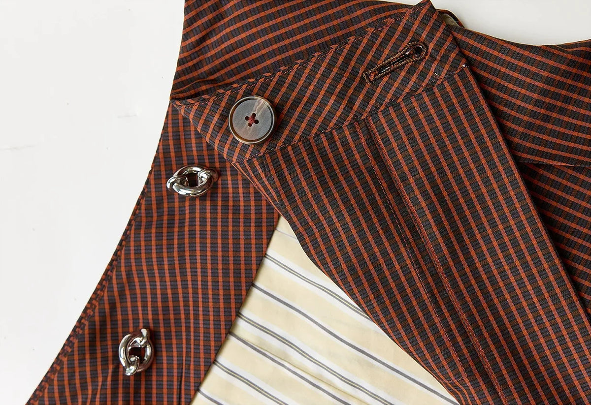 Mixed-Check Pleated Midi Skirt - adjustable button detail