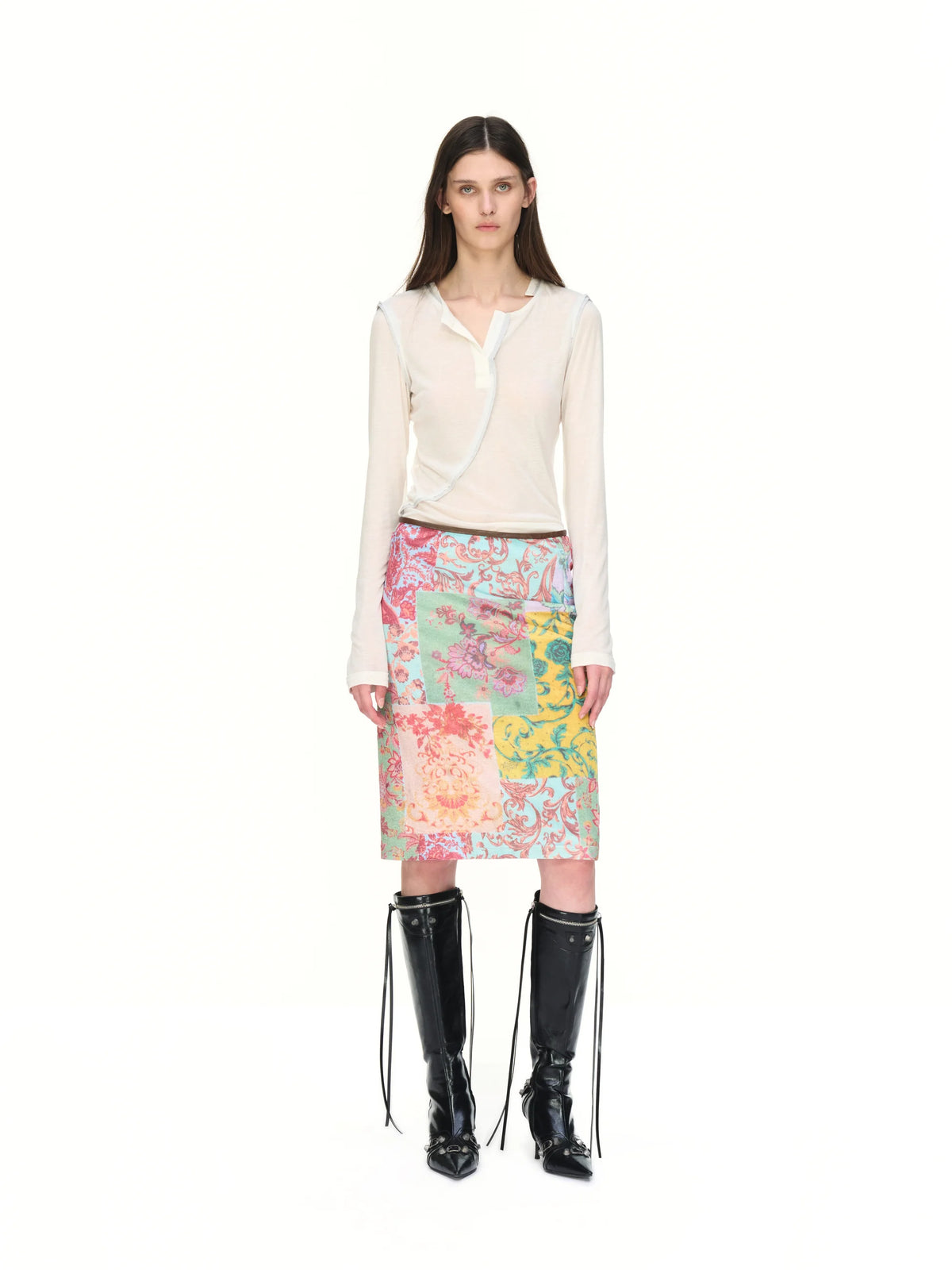 Patchwork Floral Velvet Skirt — model photograph