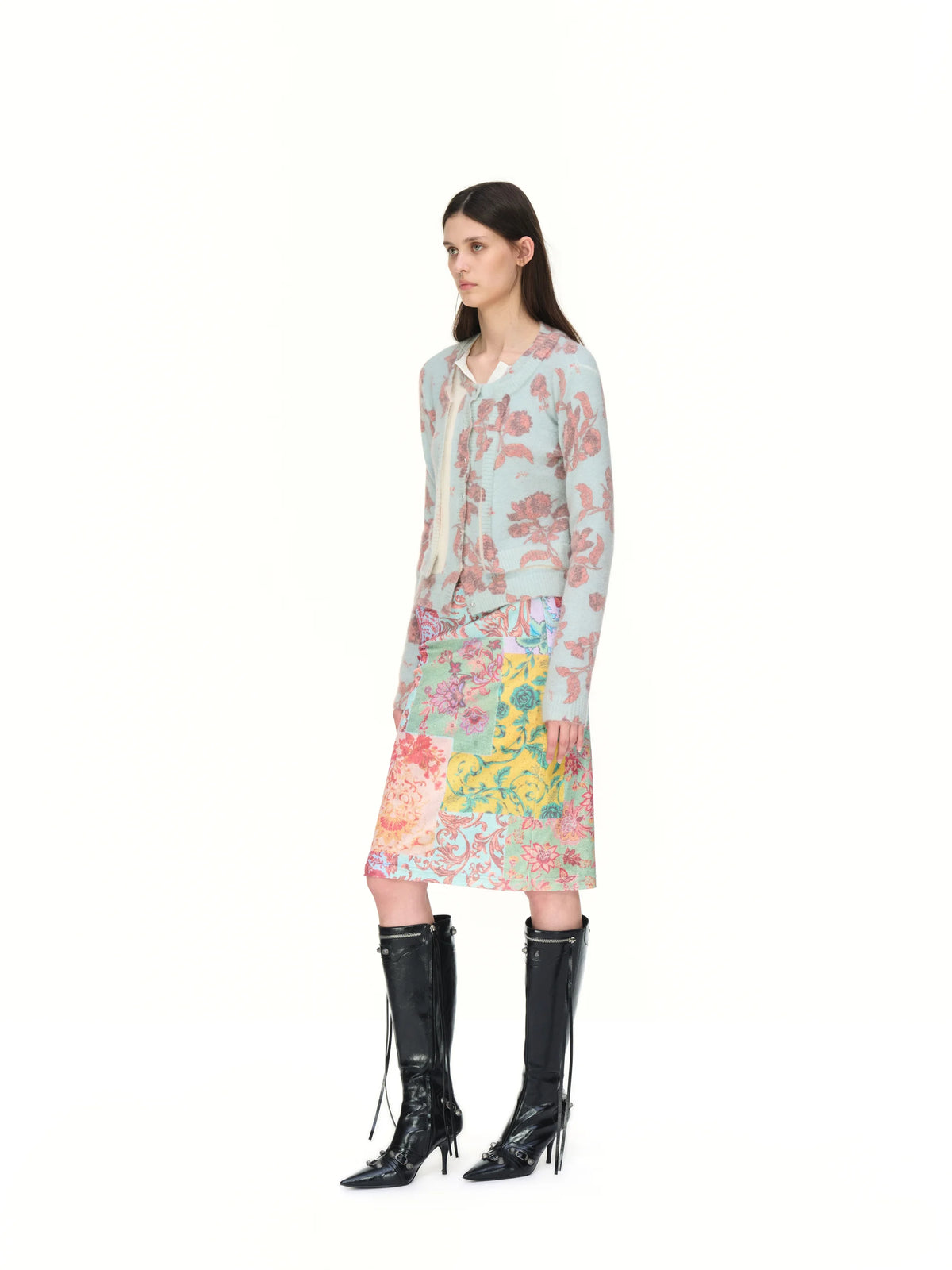 Patchwork Floral Velvet Skirt — full look