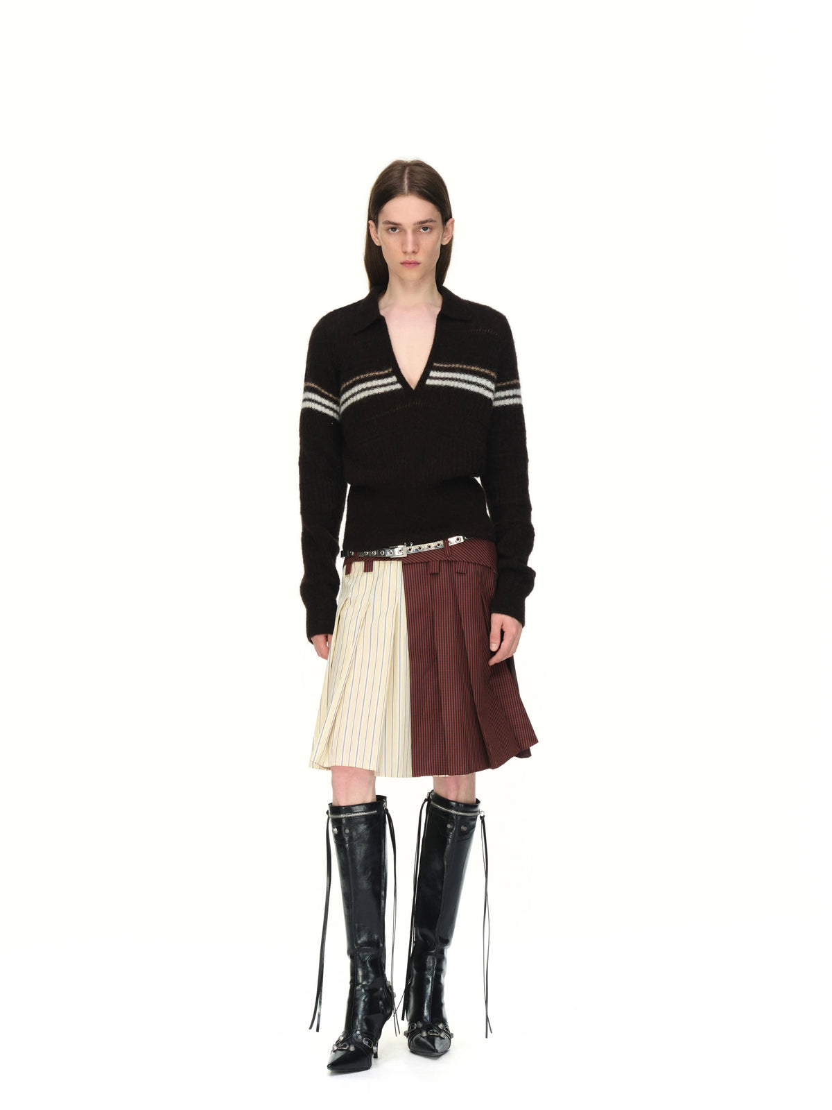 Striped Wool Polo Sweater — full look