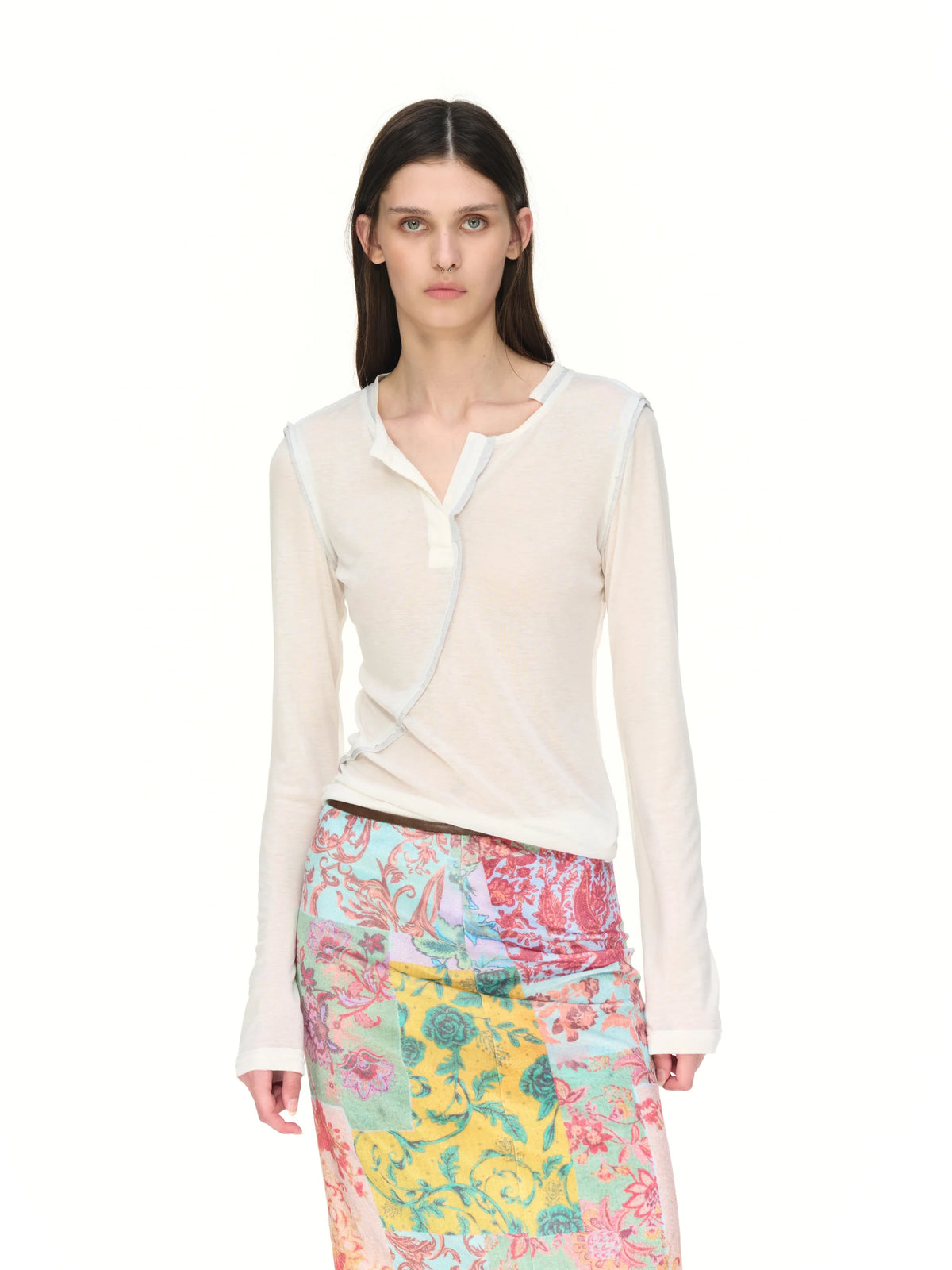 Asymmetric V-Neck Long-Sleeve Top - model photograph 1