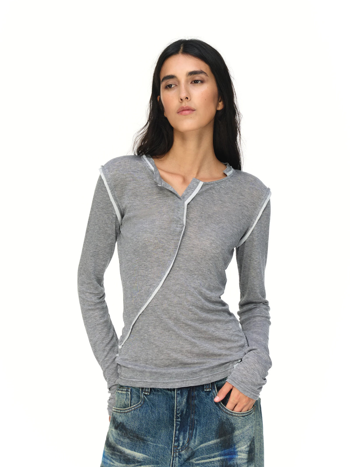 Asymmetric V-Neck Long-Sleeve Top - model photograph 3