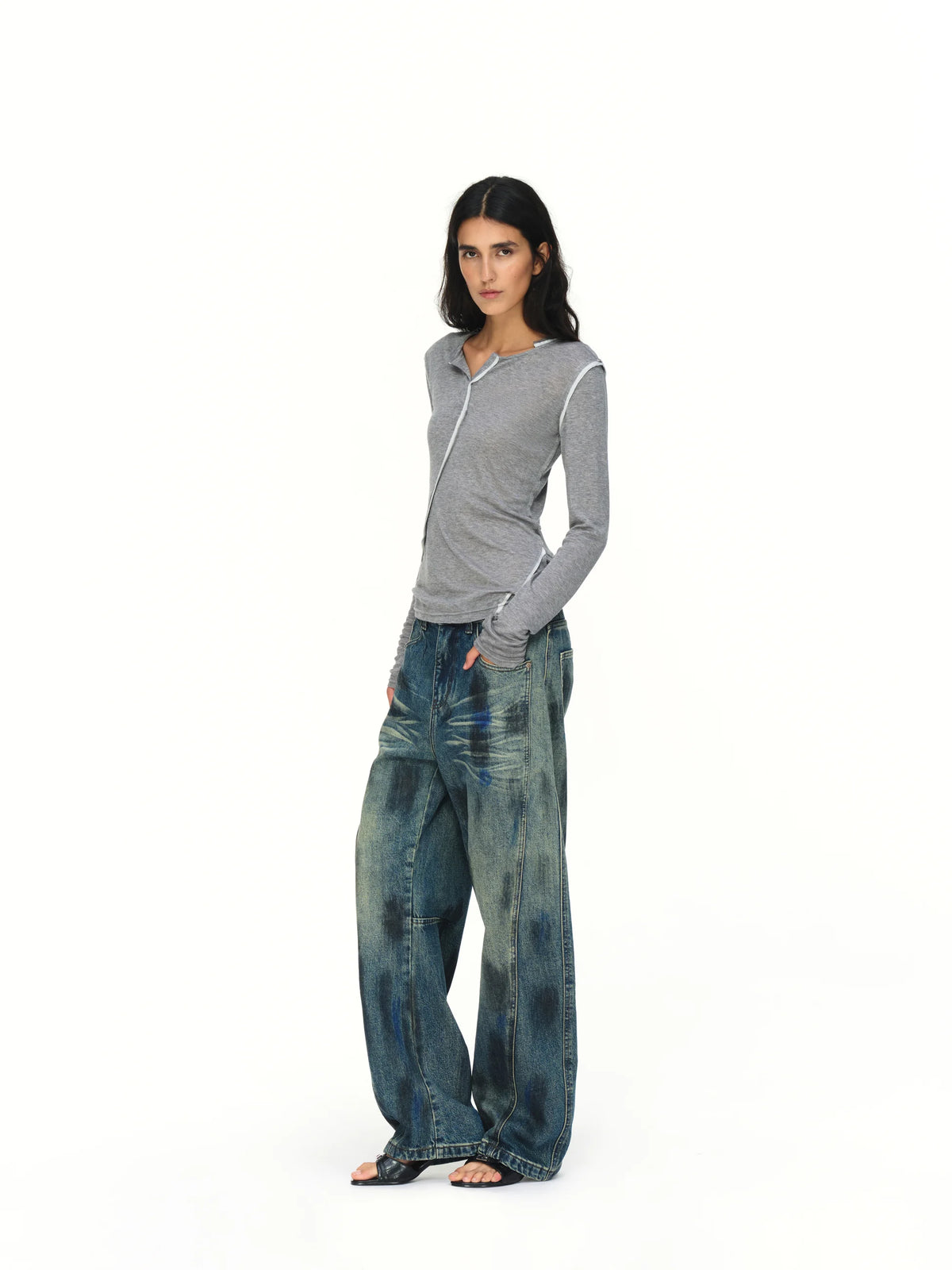 Asymmetric V-Neck Long-Sleeve Top - model photograph 4