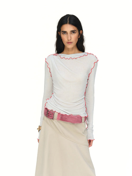 Contrast Lettuce-Trim Long-Sleeve Top - model photograph
