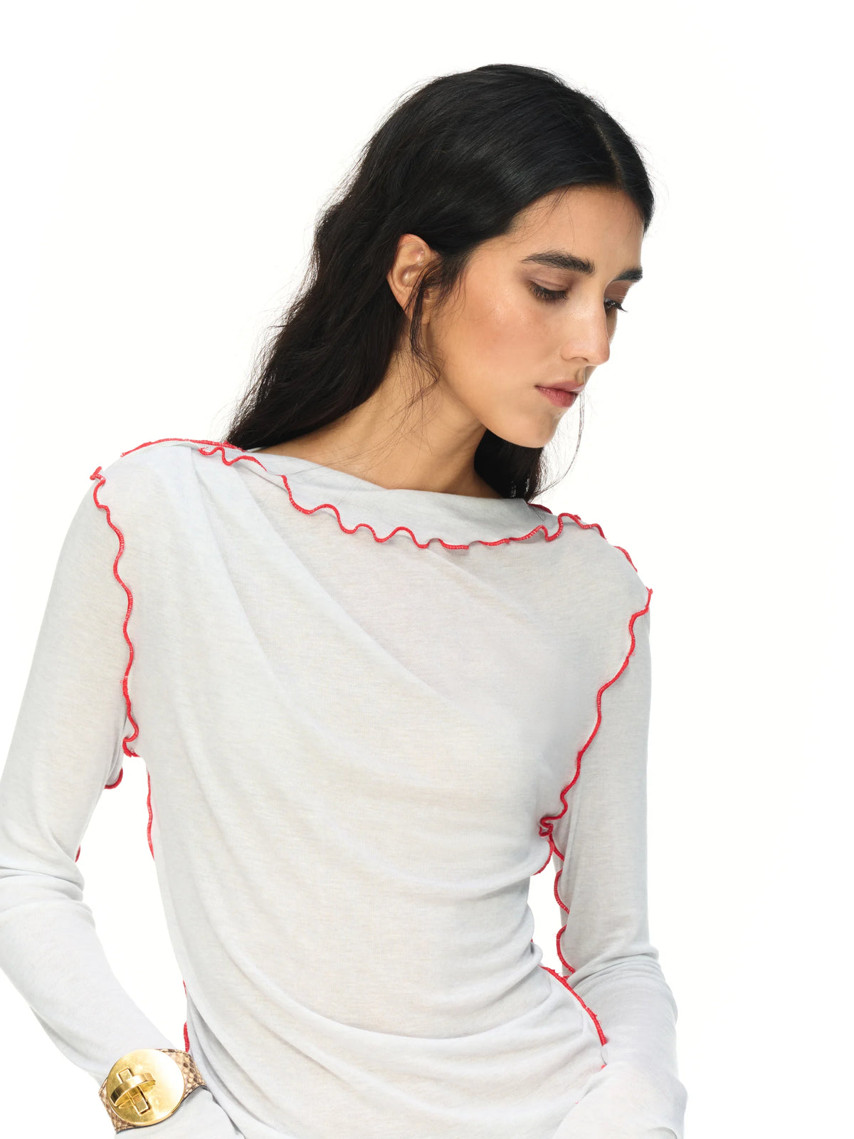 Contrast Lettuce-Trim Long-Sleeve Top - model photograph