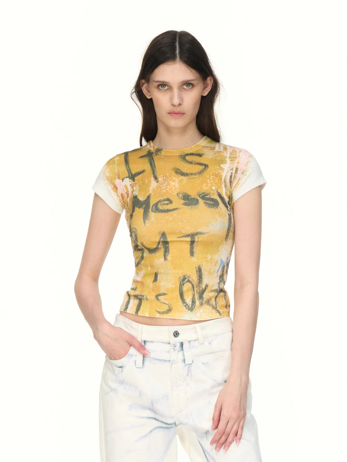 Cropped Graffiti-Print T-Shirt - model photograph