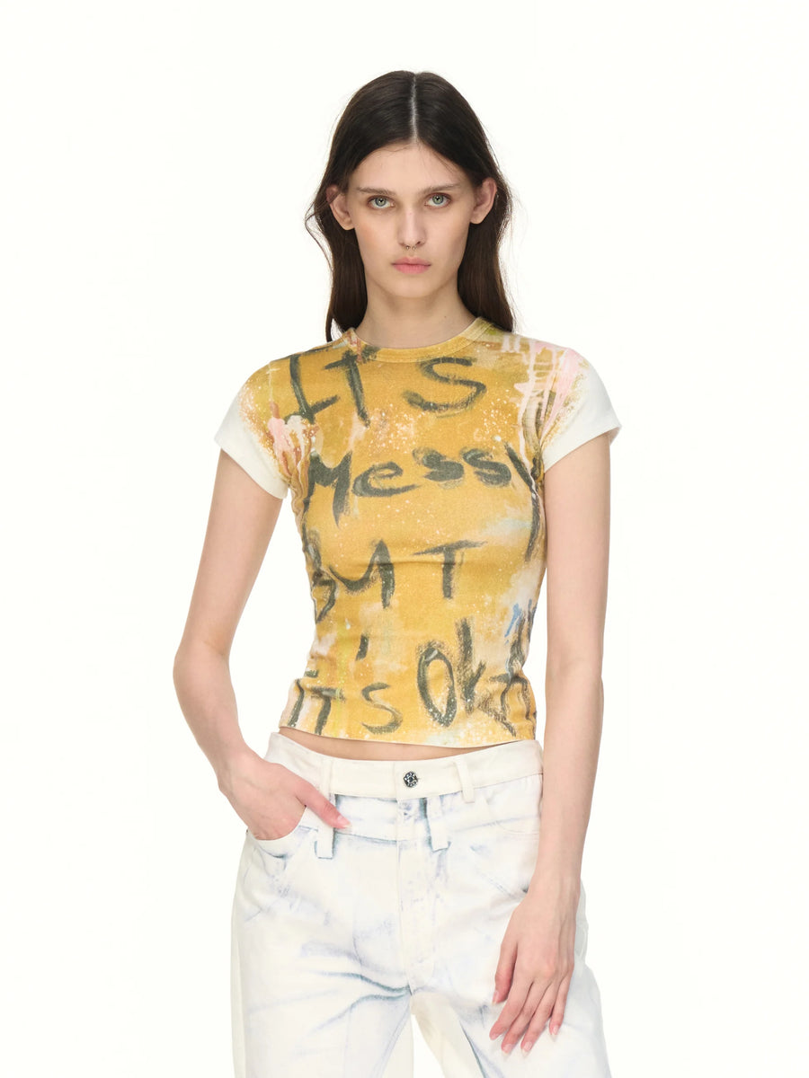 Cropped Graffiti-Print T-Shirt - model photograph
