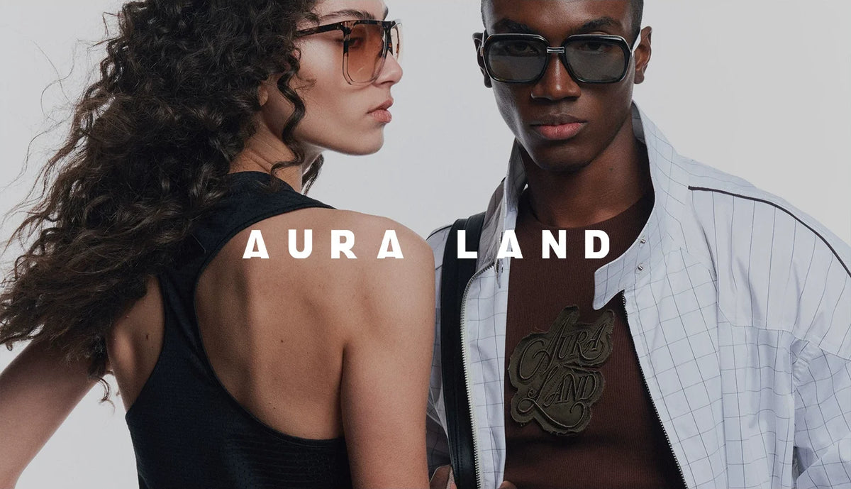 AURA LAND campaign with two models wearing eyewear